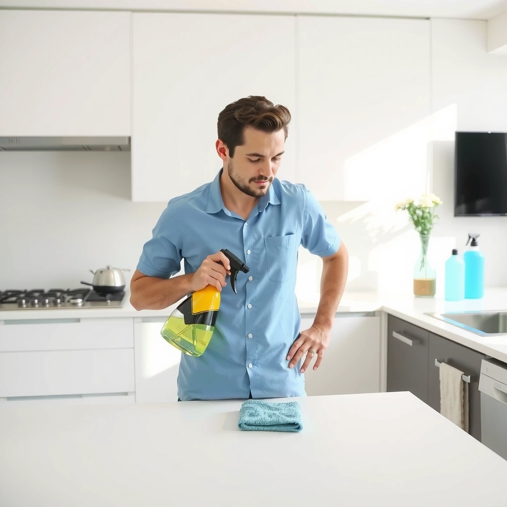 Professional cleaner using eco-friendly products in a modern kitchen