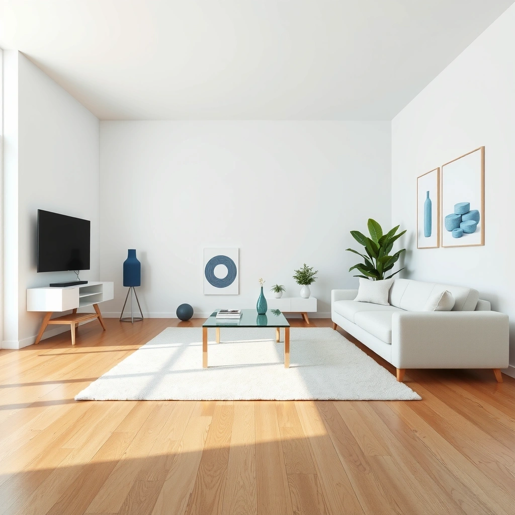 Spotless modern living room with pristine white surfaces and clean geometric lines